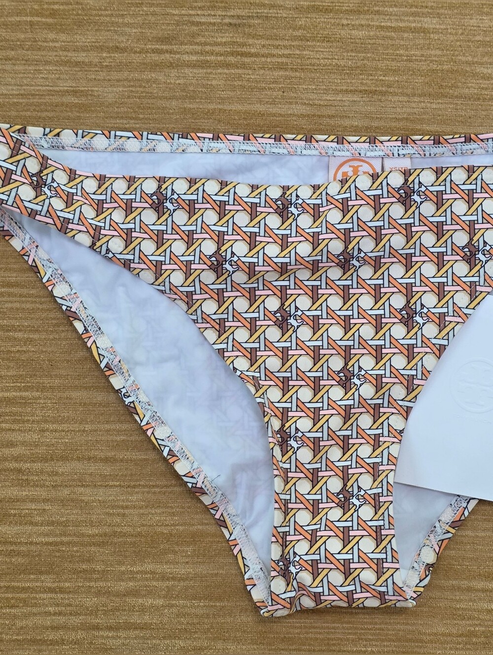 Tory Burch Geometric Print Bikini Bottoms Ring Orange & Cream XS NWT